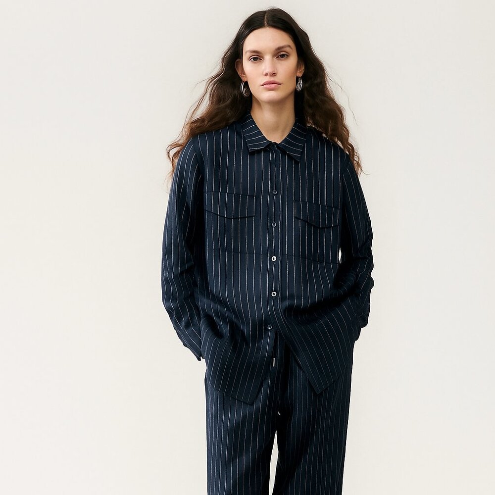 Vintage Carole Little Two-Piece Silk Pant Suit Pin Stripe Navy Blue L/XL